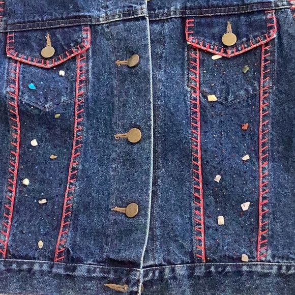 Cejon Jeans Jacket sz M Sleeveless Embellished Denim Vest Red Stitching EUC cute - Picture 3 of 17